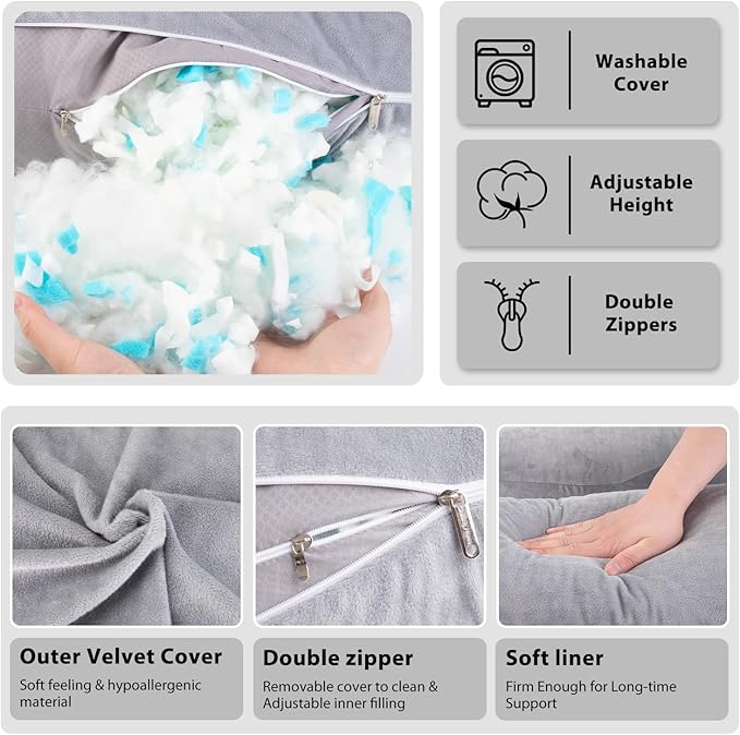 Chilling Home Memory Foam Pregnancy Pillow, J Shape Pregnancy Pillows for Sleeping, Body Pillow for Adults, Maternity Pillow for Pregnant Women, with Velvet Removable Cover, Light Grey