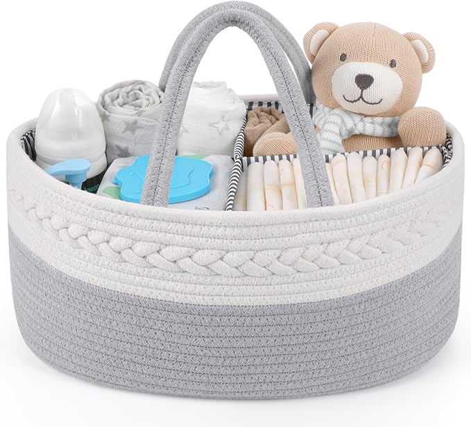 Maliton Diaper Caddy Organizer for Baby Boy- Cotton Rope for Changing Table, Nursery Storage, Newborn Baby Must Have Items