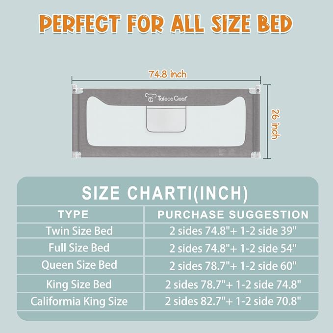 G TALECO GEAR Bed Rail for Toddlers, Stable Protective Bed Side Rails, Baby Bedrail Guard for Twin Full Queen & King Size Bed (74.8 Inch, 1 Piece)