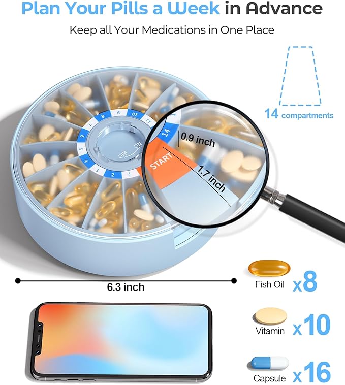 Daviky Pill Dispenser Daily, Large Pill Organizer with Wall-Mounted or Standing Use, 14 Days Pill Container, Push Button Design, Weekly Pill Box for Vitamin, Medicine,Supplement, Fish Oil(Blue)
