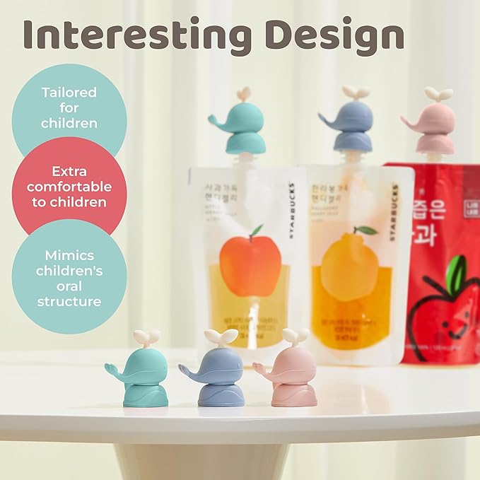 Whale SoftSip Food Pouch Topper | 2EA + Travel Case | Prevent Spills & Leakage | Protect Child Baby Toddler Mouth | Food Grade Silicone Reusable | Baby Led Weaning | BPA Free| Mint+Pink