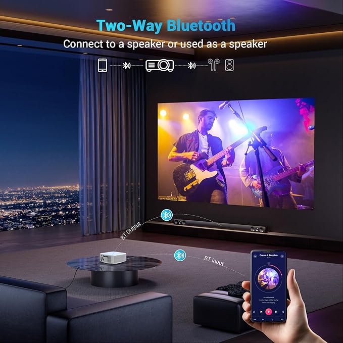 Portable Mini Projector with Electric Focus, NICPOW Full HD 1080P Projector, Bluetooth Movie Projector with Auto Keystone, Two-Way Bluetooth, Ideal for Indoor Outdoor Use, White