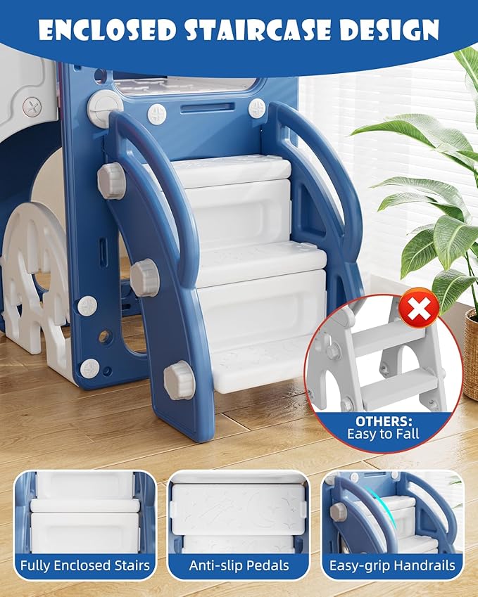 XJD 7 in 1 Toddler Slide, Kids Indoor Slide for Toddlers 12 to 36 Months, New Upgrade with Golf, Basketball Hoop for Indoor Outdoor Playset,Toddler Playground (Blue Gley)