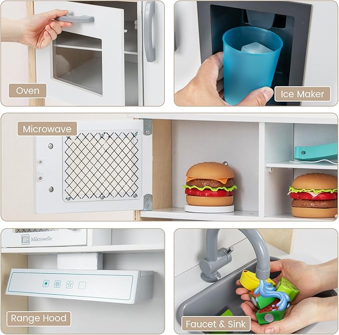 HONEY JOY Kids Kitchen Playset, Wooden Play Kitchen for Toddlers, Microwave, Range Hood, Ice Maker, 18 Cooking Accessories, Little Chef Pretend Play Toy Kitchen Set, Gift for Boys Girls, Natural