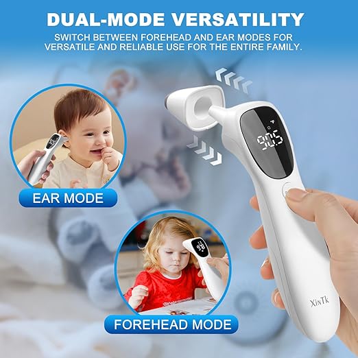 Ear Thermometer for Adults and Kids, Infrared Digital Thermometer - with Fever Alarm and Auxiliary Light, 1 Second Reading, No-Touch Forehead Ear 2 in 1 Mode，Easy to use