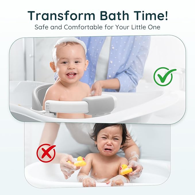 Baby Bath Seat Baby Bathtub - with Strong Suction Cups and 360° Surround Support – Easy Release, Non-Slip Cushion, Lockable Armrests – Infant Bath Chair for Babies 6-24 Months, Grey