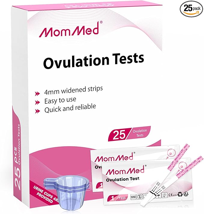 MomMed Ovulation Test Strips (LH25) with 25 Collection Cups, Reliable LH Surge Predictor OPK Kit, Accurately Track Ovulation Test, High Sensitivity Result for Women Home Testing, Pink