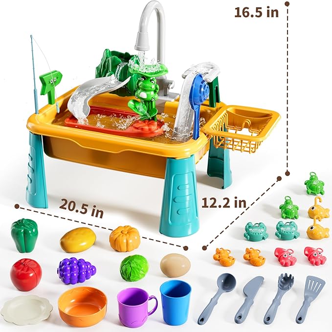 Kitchen Sink Toys Toddlers 3-5, Play Sink with with Electric Water Pump, Water Table for Kids Ages 4-8, Fishing Game Outdoor Toys Pretend Role Play Toys for Boys Girls 3 4 5 6 7 8