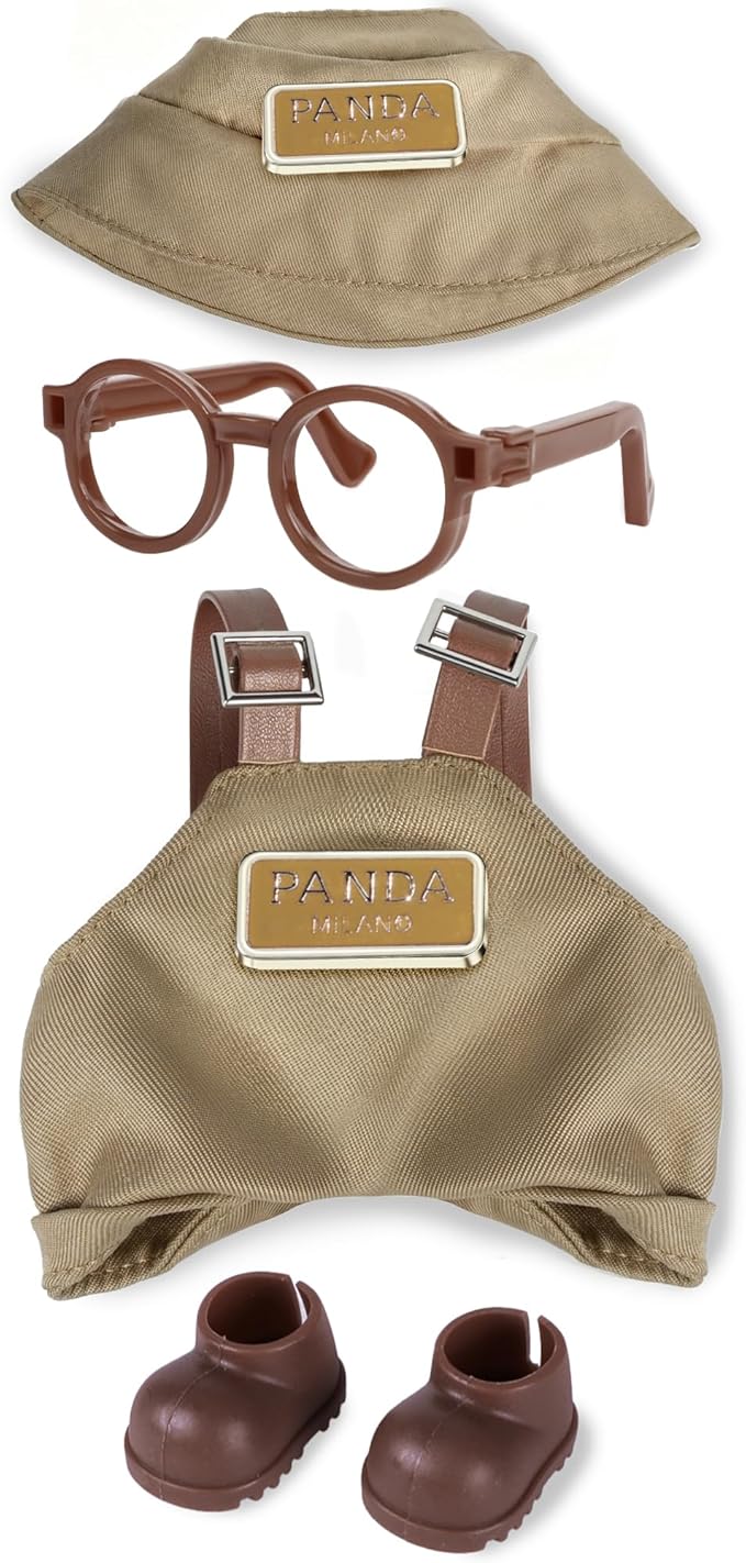 6.7in/17cm Doll Clothes Set, 4 PCS Fashion Outfit Includes Hat, Bib Pants, Glasses, Shoes, Cute Collectible Doll Accessories Unique Style (Khaki)