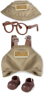 6.7in/17cm Doll Clothes Set, 4 PCS Fashion Outfit Includes Hat, Bib Pants, Glasses, Shoes, Cute Collectible Doll Accessories Unique Style (Khaki)