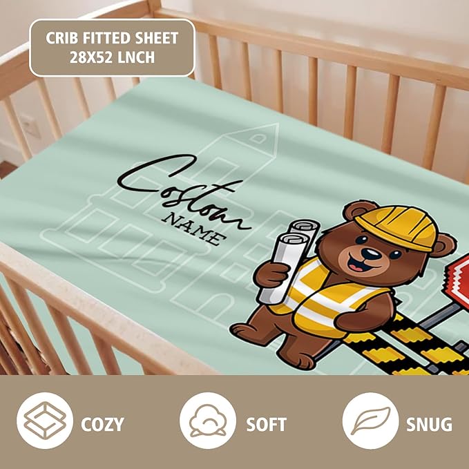 Personalized Baby Crib Bedding Set, Custom Name Bear Road Roller Theme Nursery Bedding Set 3 Pcs, Baby Blanket Fitted Crib Sheet Changing Pad Cover, Personalized Nursery Decor Gift for Newborns Boys