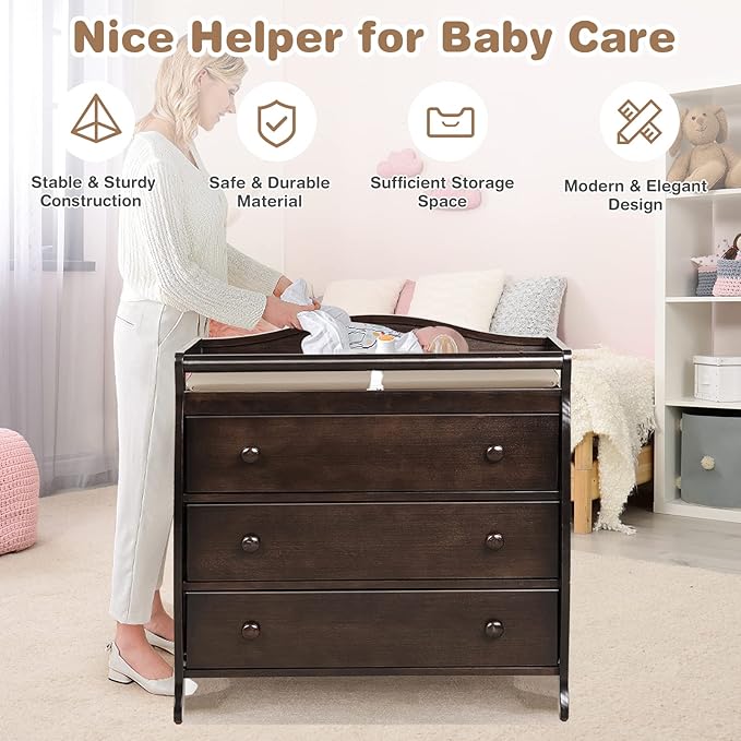 Costzon 3-Drawer Changing Table, Infant Diaper Changing Station with Drawers, Safety Rails & Strap, Baby Changing Table Dresser for Nursery, Easy Assembly (Brown)
