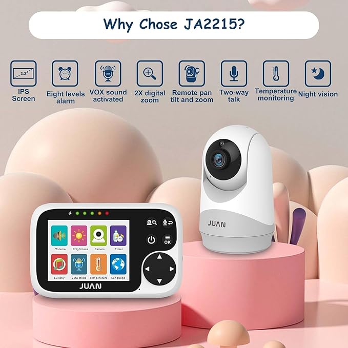 JUAN Video Baby Monitor with Camera and Audio - No WiFi Baby Camera Monitor with 3.2'' IPS Screen for Kids/Pets/Elderly, Pan/Tilt/Zoom Camera, 1000FT, Night Vision, VOX Mode