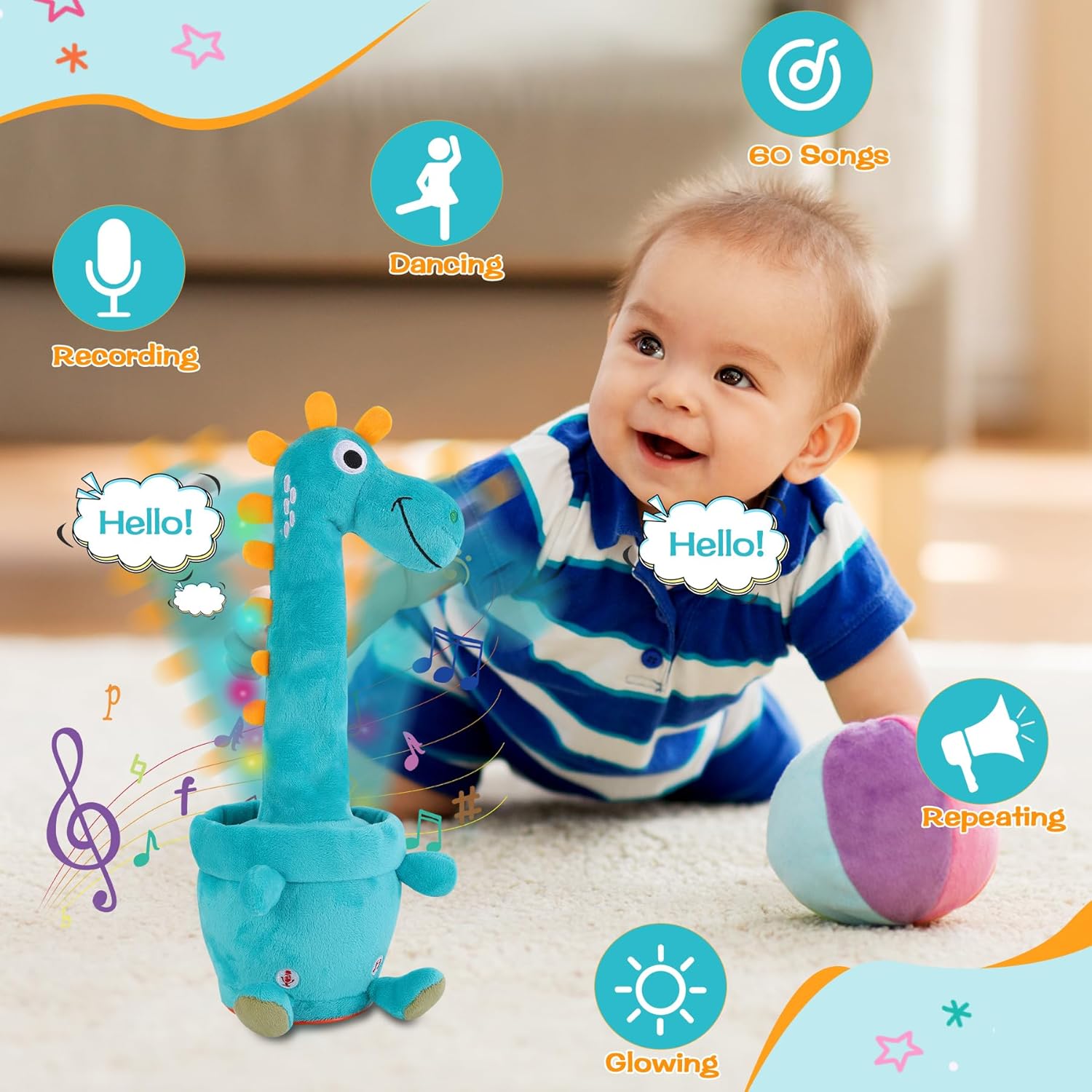 Dancing Talking Dinosaur for Baby Toddler, Interactive Mimicking Toy with Recording and Repeating, 60 Songs