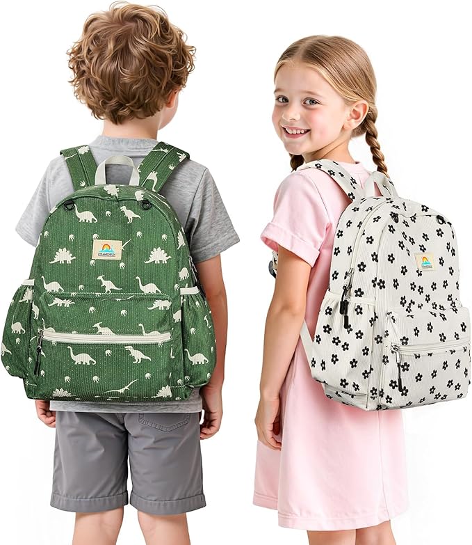 STEAMEDBUN Corduroy Kids Backpack for Girls and Boys 5-8: Girls Backpack for Elementary Kindergarten - 15 inch Cute Backpacks for Kids - Flower