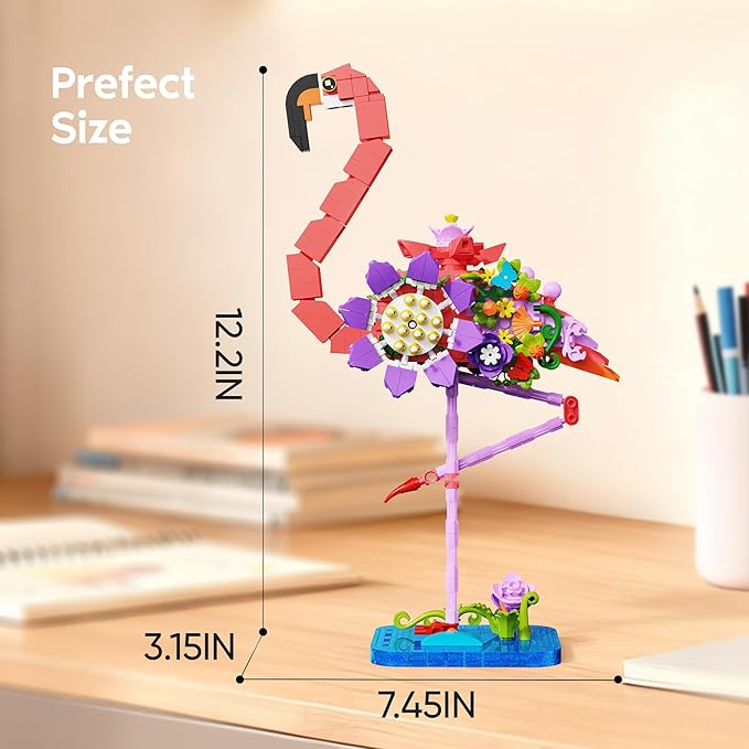 Pink Flamingo Flower Bouquet Building Set, Compatible with Lego Animal Botanical Collection – Creative Flamingo & Flower with Posable Neck and Legs, Home Decor Toy for Adult, Kids, & Flower Lovers