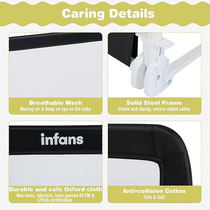 INFANS Bed Rail for Toddlers, 58" Foldable Safety Baby Crib Rail Fit for Kids Twin, Extra Long Swing Down Bed Guardrail for Convertible Crib, Queen, Full, King Mattress Side Guard (Black)