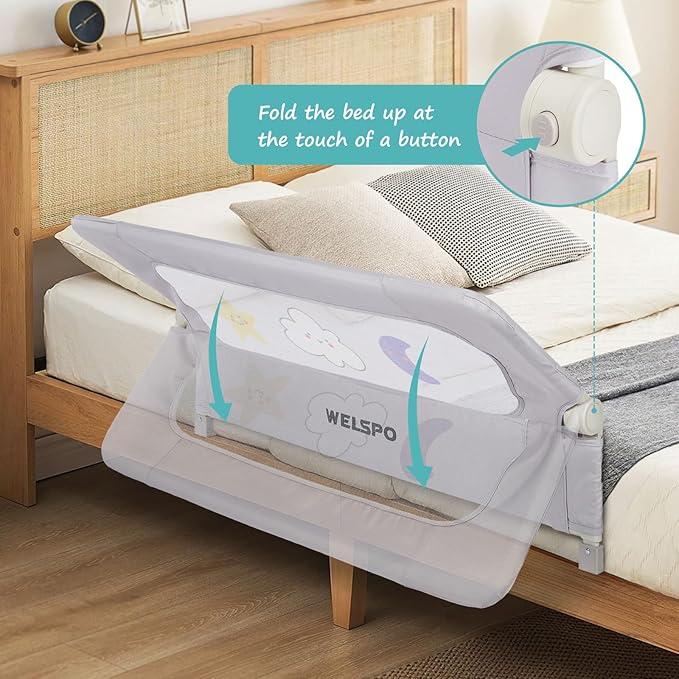 welspo Folding Toddler Bed Rails, Baby Bed Rail Guard, Height Adjustable and Foldable Bed Rail for Toddlers, Kids, fit Twin, Queen, King, Full, Bunk Beds (Grey, 47inch)