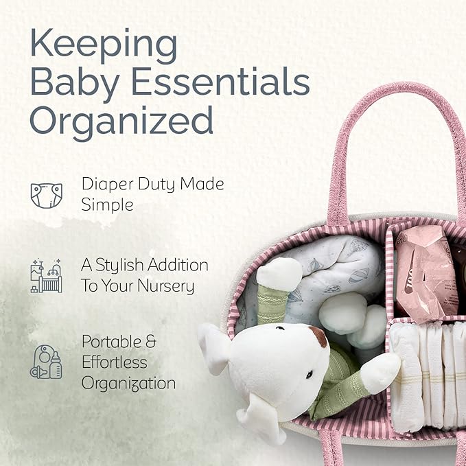 KiddyCare Woven Diaper Caddy Organizer, Large Gray Multi Functional Portable Baby Basket with Handle, Baby Gift for Boy/Girl Nursery Storage, Organization, and Modern Car Diaper Caddy Pink X-Large