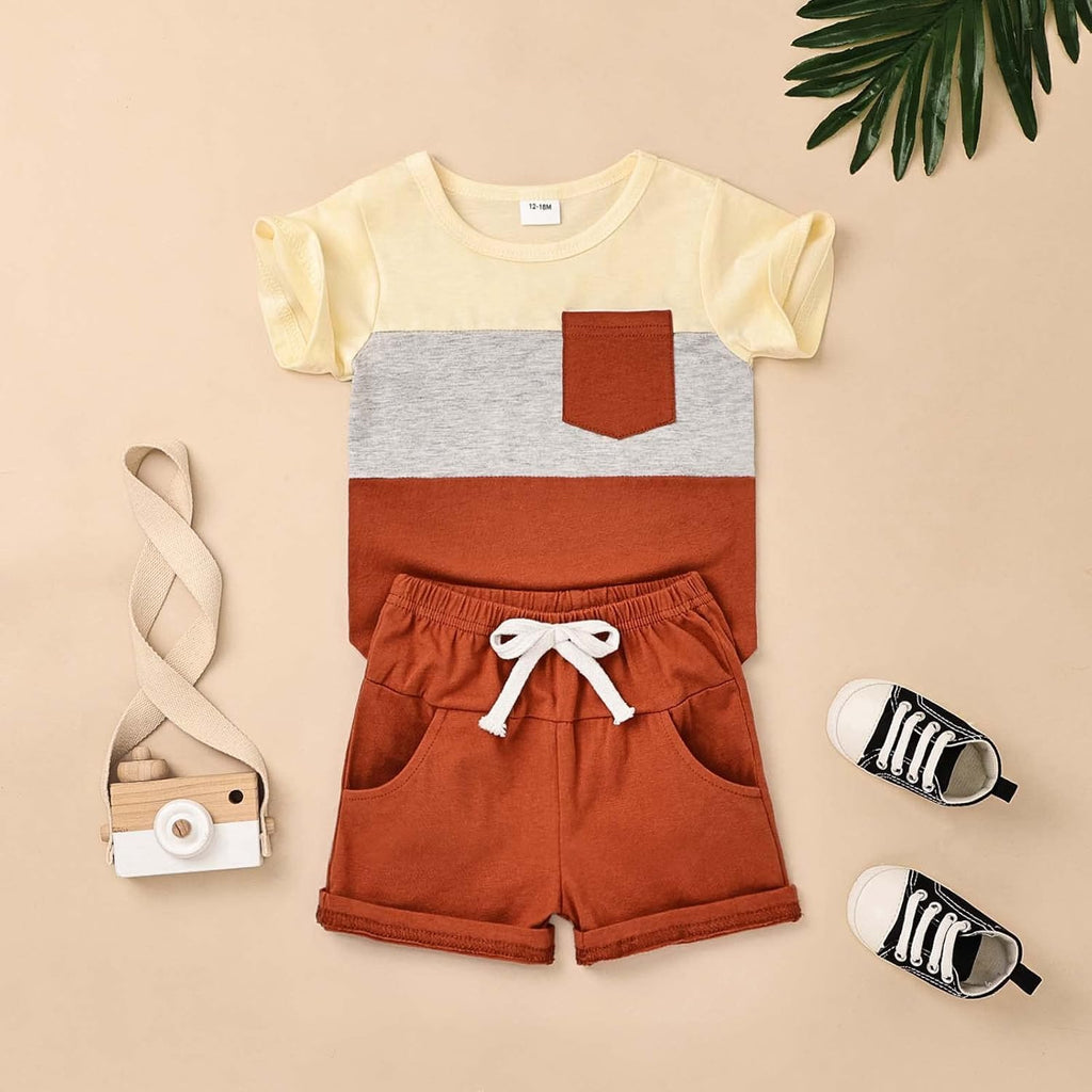 Baby Boy Clothes Toddler Boy Summer Outfits Short Sleeve Patchwork Top T-shirt & Pocket Pant Set 2 Piece 12 Months-4T