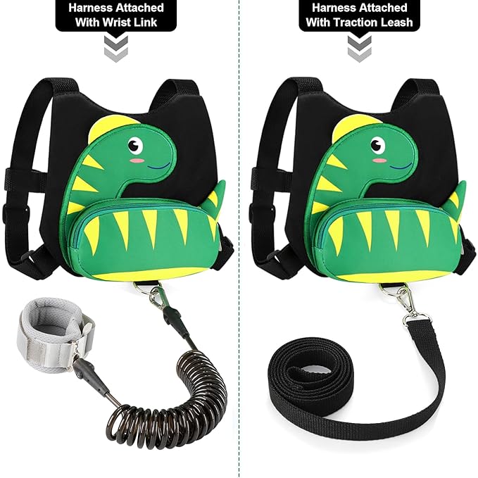 Accmor Toddler Harness Leash + Anti Lost Wrist Link, Cute Dinosaur Kids Harness with Leash, Mini Child Harness Leash Wristband Tether Protector for Baby Boys Girls Age1-3 Years Old to Outdoor Travel