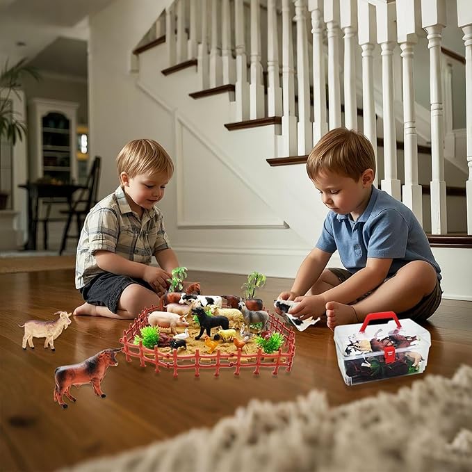 BOLZRA Farm Animal Figurines, Realistic Plastic Animals Toys with Fences Building Blocks, Farm Figures Playset Educational Birthday Gift for Kids & Toddlers, 53 PCS