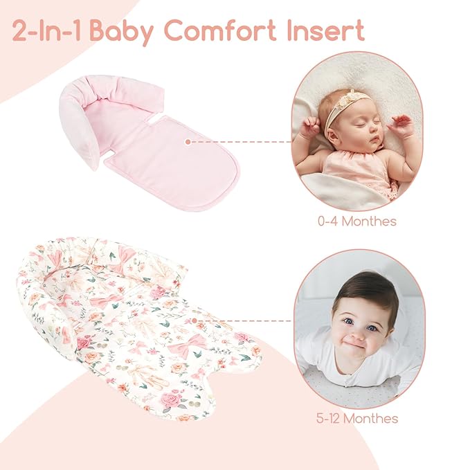 Baby Car Seat Head Support for Newborn, GFU 2 in 1 Infant Car Seat Head Body Support with Strap Pads, Soft Stroller Cushion Pillow Insert for Girls, Fits for Stroller, Swing, Pink Floral