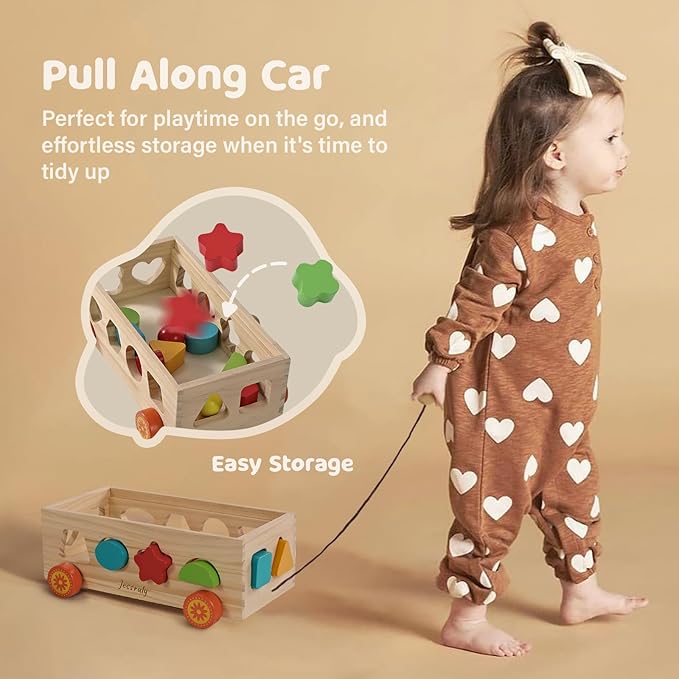 Shape Sorter - Wooden Xylophone and Montessori Number Puzzle Set for Babies - Educational Sorting Game with Storage Car for Toddlers