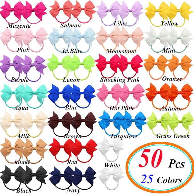 Baby Hair Ties with Bows,50pcs 2inch Baby Hair Bows Durable Rubber Bands Ponytail Holders Toddler Essential Hair Accessories for Infants Baby Girls in Pairs