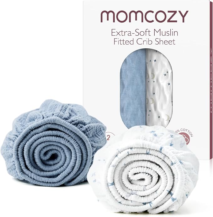 Momcozy Muslin Mini Crib Sheets Fitted - 38''x26'' Pack and Play Sheets for Pack N Play Mattress, 2 Pack Soft & Breathable Natural Cotton Non Slip Bed Cover for Boys, Girls, Blue Star Moon