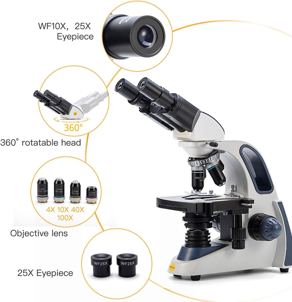 SWIFT SW380B 40X-2500X Magnification, Research-Grade Binocular Compound Lab Microscope, Mechanical Stage, with 5.0 mp Camera and Software Windows/Mac Compatible and 100pcs Blank Slides