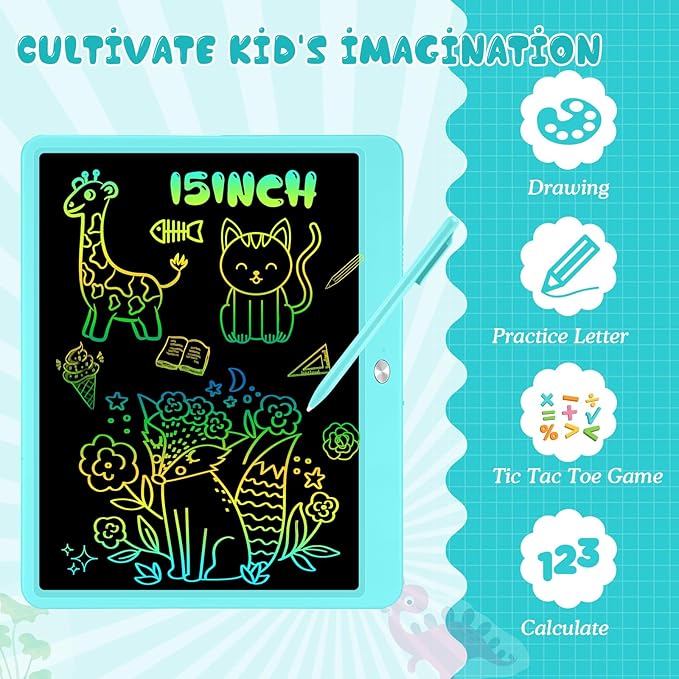 Decute Kids Toys LCD Writing Tablet with Stylus, 15 Inch Erasable Toddlers Doodle Board, Reusable Drawing Pad for Kids, Educational Christmas Birthday Gift for 3 4 5 6 7 8 Girls Boys Toddler Blue
