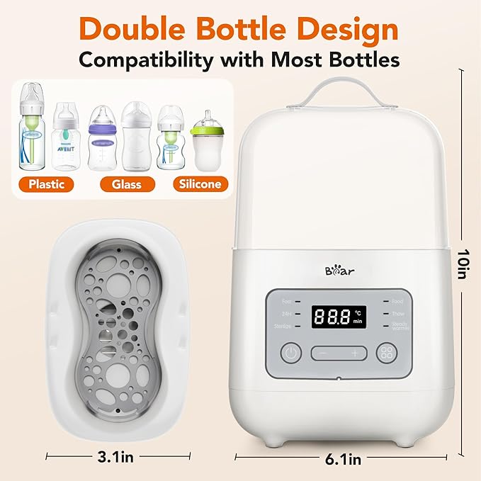 Bear Bottle Warmer, Baby Double Bottles Heater Breastmilk Food Warmer for New Born Twins, with Temp Control 24H Water Bath Warming, Fast Heating Steaming Thaw Multifunctional