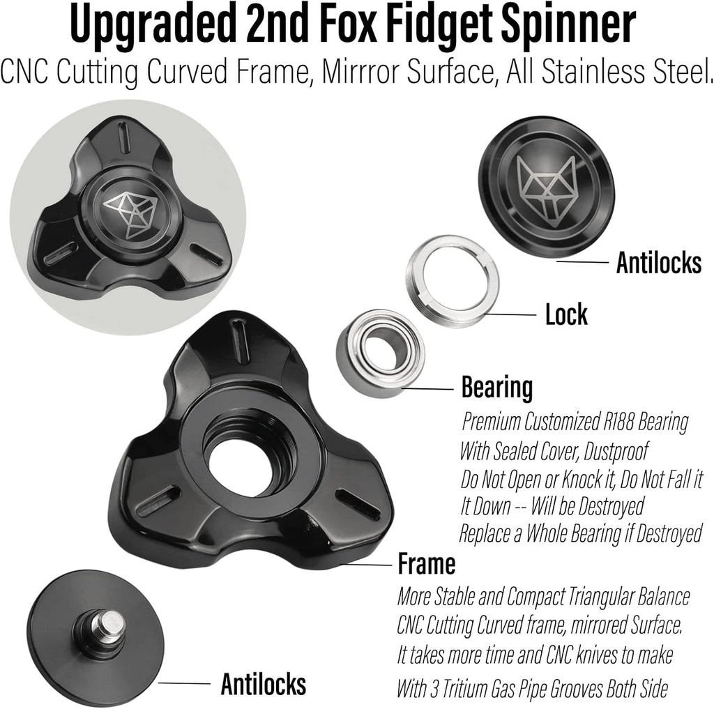 FREELOVE Metal Fidget Spinner, Stainless Steel Heavy, Long Spinning Toys, Cool Silent, Small Mini 2nd Fox Figette Spiner for Adults Men Anxiety, Quiet Bearing, Black