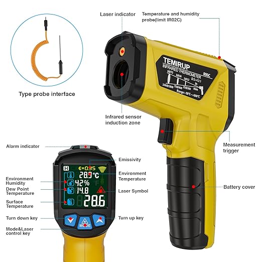 Infrared Thermometer Temperature Gun,-58°F to 1472°F Non Contact Digital IR Laser Thermometer Temp Gun with Probe & Humidity Measurement for Cooking,Griddle,Engine,HVAC,Adjustable Emissivity