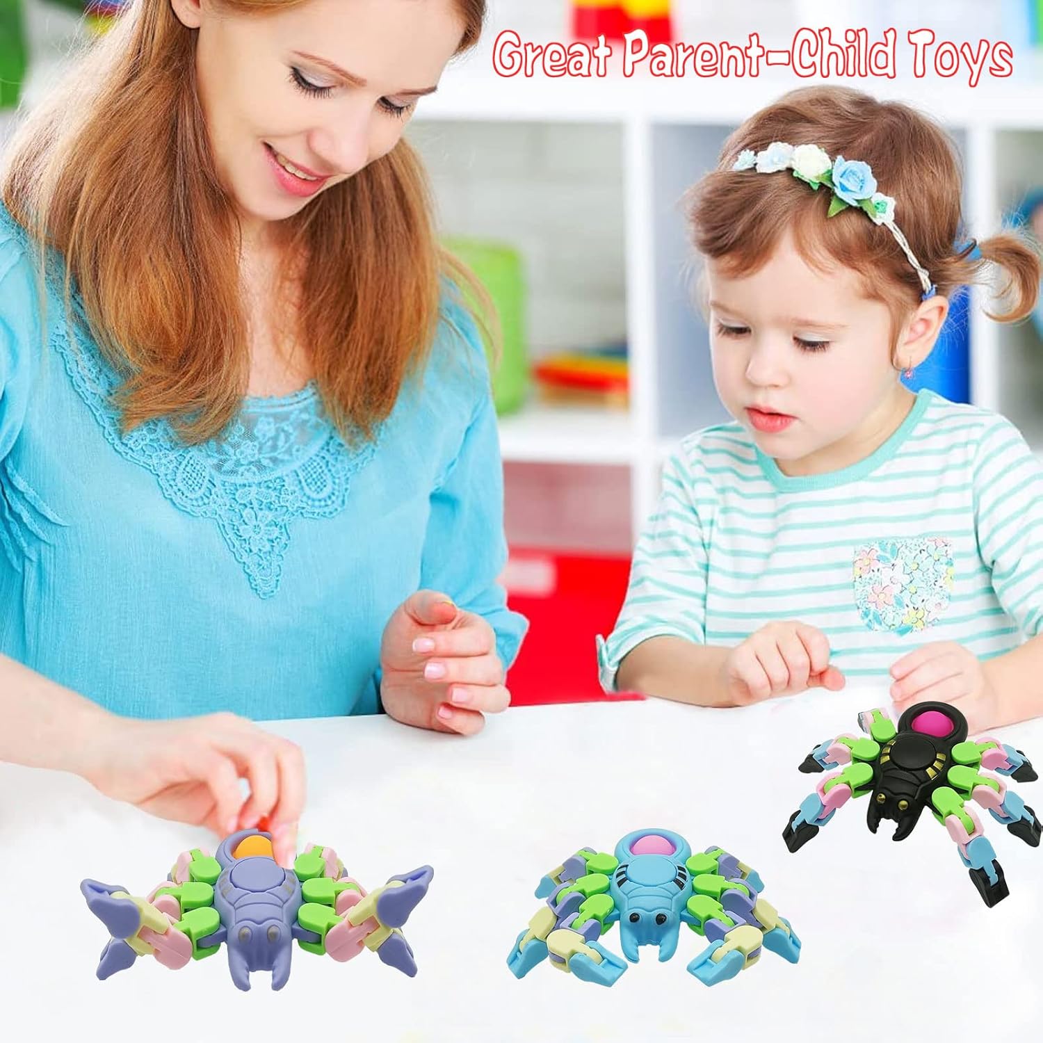 Sensory Fidgets Toys for Kids and Adults,4 Pack Transformable Fidget Spinners for Boys Girls, Chain Pop Spider Fingertip Toy for ADHD Autism for Kids Gifts, Random Color