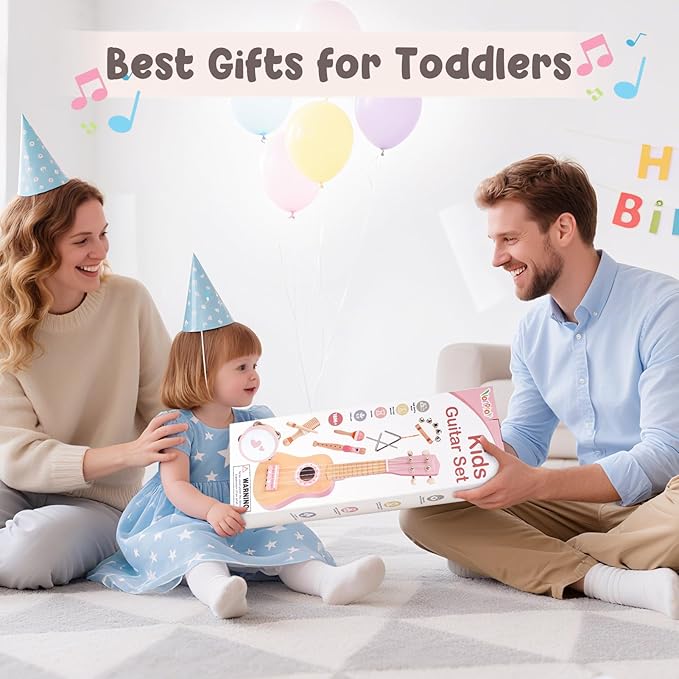 Kids Guitar Set for Girls - Toys for 2 3 4 Year Old Girl Birthday Gifts - 7 in 1 Wooden Montessori Musical Instruments with Ukulele/Tambourine/Maracas/Flute for Toddler 2-5(Pink)