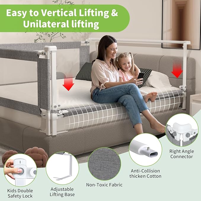 Bed Rail Guard for Toddlers, 1-Piece Adjustable Height Baby Bed Rail, Kids Safety Guard Rails for Twin Full Queen King Size (Gray, 1 Side:74.8")