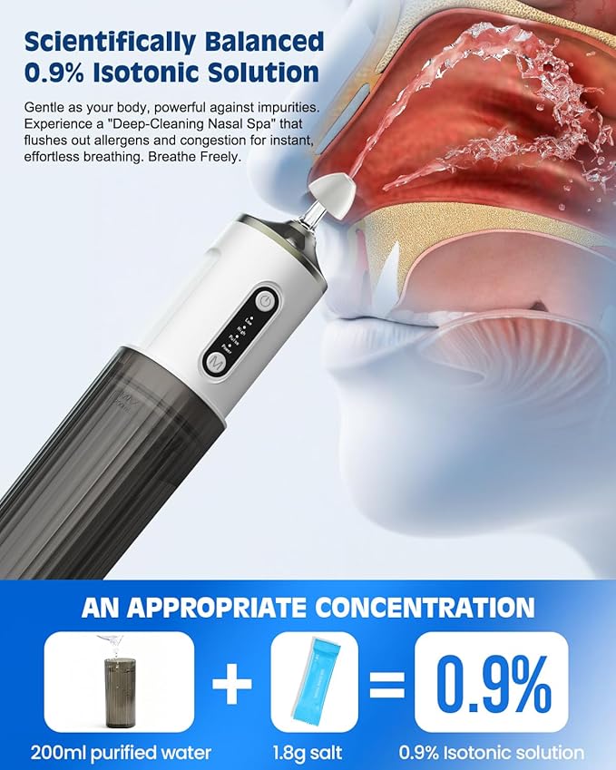 Nasal Irrigation System Electric Neti Pot Sinus Rinse Machine 200ml for Adults & Kids with 4 Nozzles & 30 Salts, USB-C Charge, Gentle Nasal Irrigation Device for Sinus Relief & Allergy（Gray）