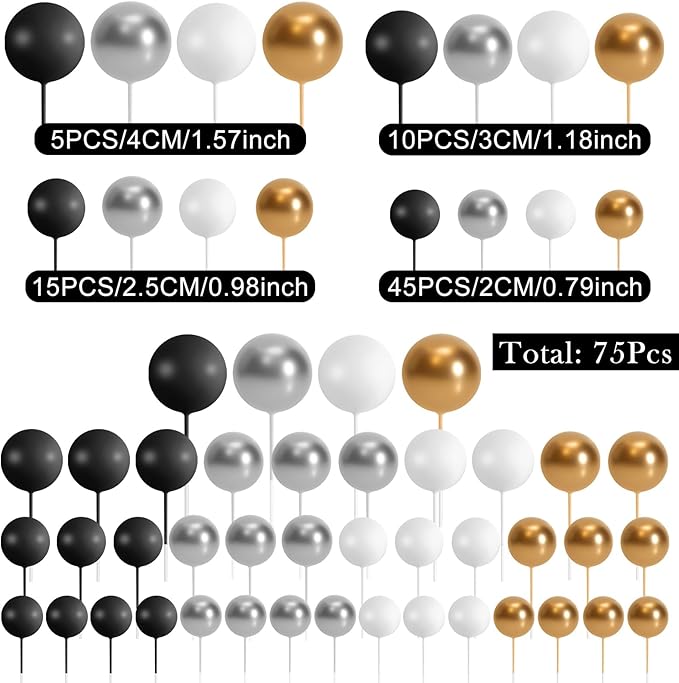 75 Pieces Cake Balls Topper Decorations Foam Cupcake Topper Mini Balloon Cake Topper Balls Cake Picks for Cake Deco Birthday Party Wedding（Black, Gold. Silver, White）