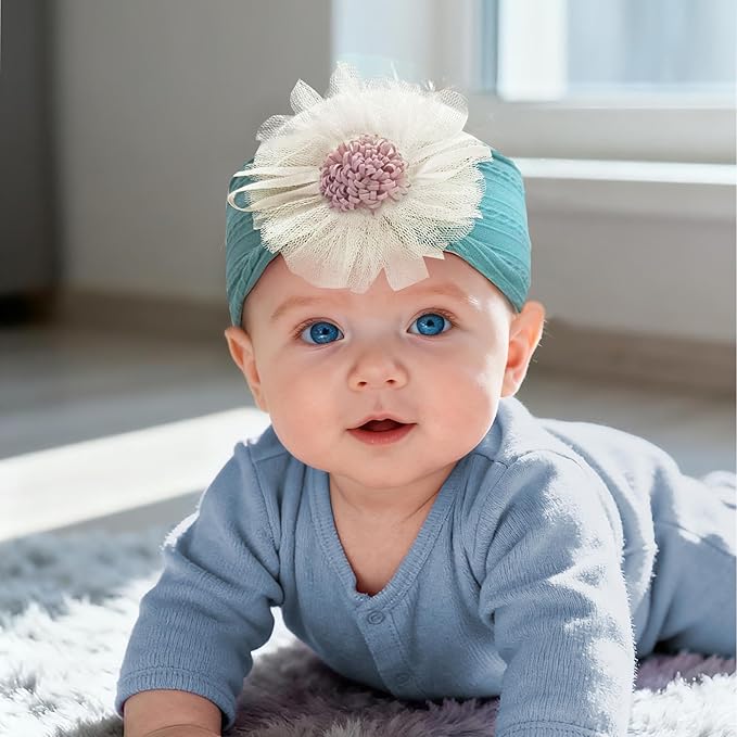 Baby Girls Sunflower Headbands, 3 Pack Baby Hairband Hair Bows Lace and Stretchy Elastic Accessory for Newborn Infants Toddlers (Brown+Dark Blue+Candy Pink, One Size(Stretchy))