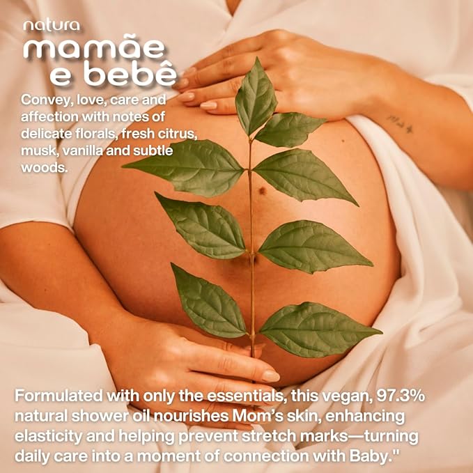 natura - Mamãe e Bebê Mom Stretch Marks Oil - Moisturizing Shower Oil - Skin Elasticity - 100% Vegan - Almond Oil - 97.3% Natural Origin - All Skin - Cruelty Free - Baby Essentials - 6.7 fl oz (200ml)