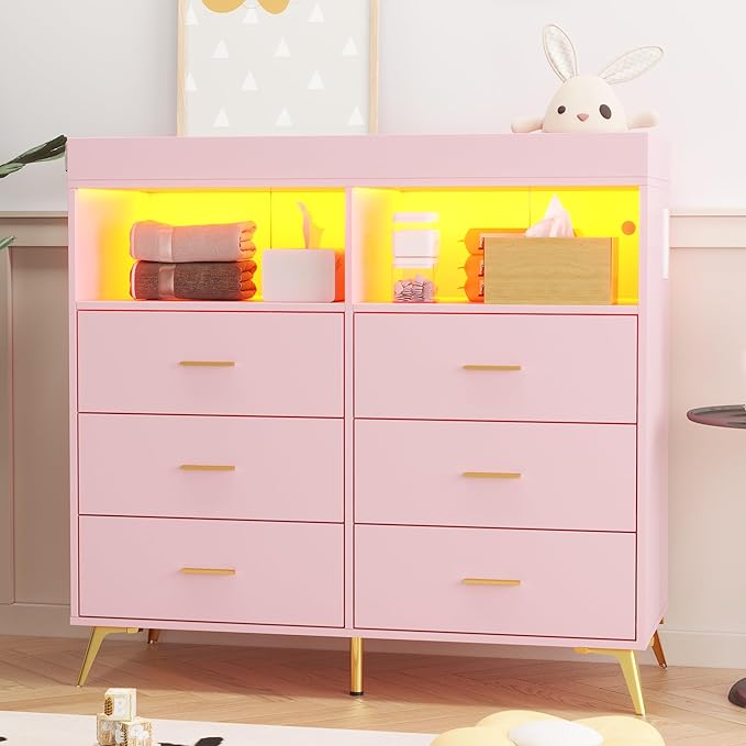 GarveeHome Dresser for Bedroom with 6 Drawers, Baby Changing Table Dresser with Changing Pad, LED Lights & Charging Station, Baby Changing Station with Changing Table Top, Pink