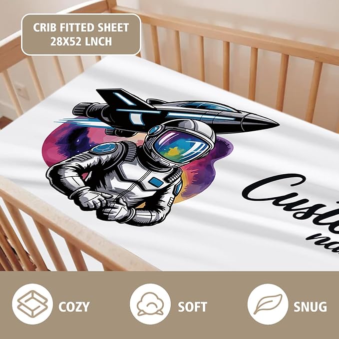 Personalized Baby Crib Bedding Set – Cool Astronaut Theme Nursery Bedding Sets 3 Piece with Custom Name Blanket, Fitted Crib Sheet & Changing Pad Cover – Ideal Newborn Gift for Boys