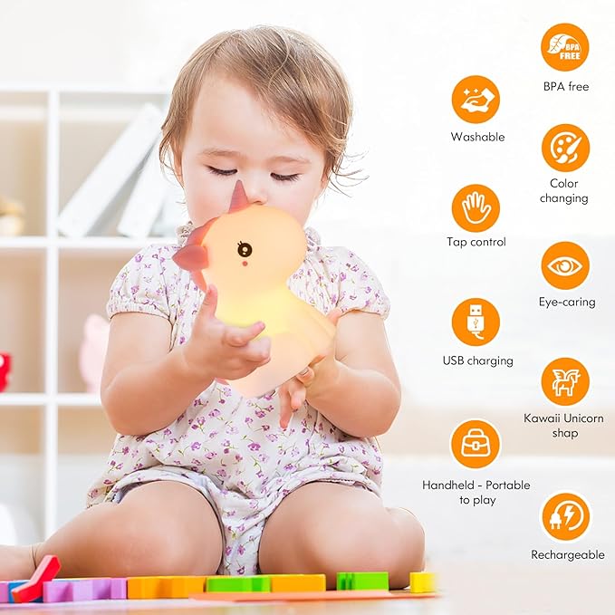 Unicorn Night Lights for Girls Bedroom, Cute Silicone Kids Night Light, Rechargeable LED Night Lamp Squishy Kawaii NightLights for Baby Nursery Children Toddlers Teen Christmas Girls