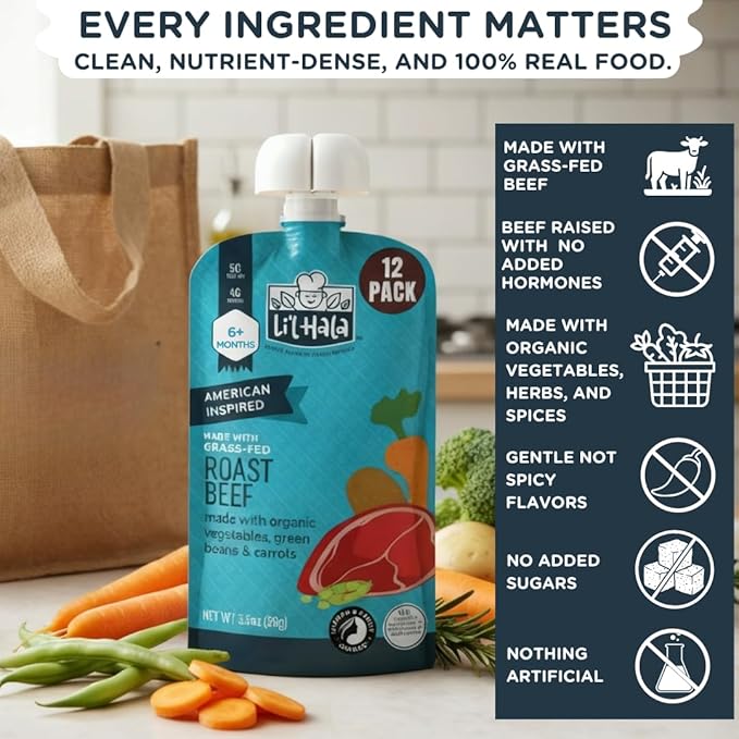 Li’l Hala Baby Food Pouches – Grass-Fed Roast Beef & Organic Veggies – Toddler Pureed Meals with Meat – Protein & Healthy Fats –No Sugar/Hormones – 6+ Months – 3.5 oz (12 Pack)