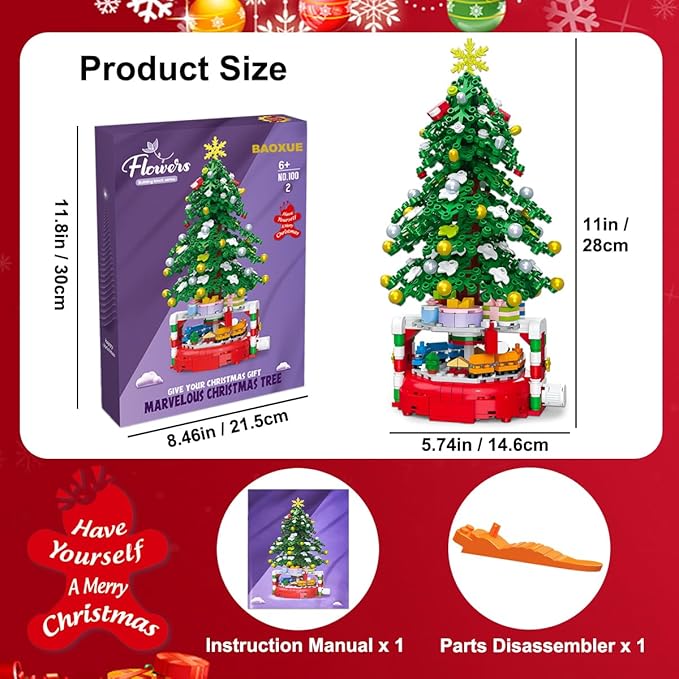 Christmas Tree Building Block Set, 515 Pieces, Rotating Base with Ornaments and Star, Holiday Building Toy, Stocking Stuffers for Kids, Gifts for Boys & Girls