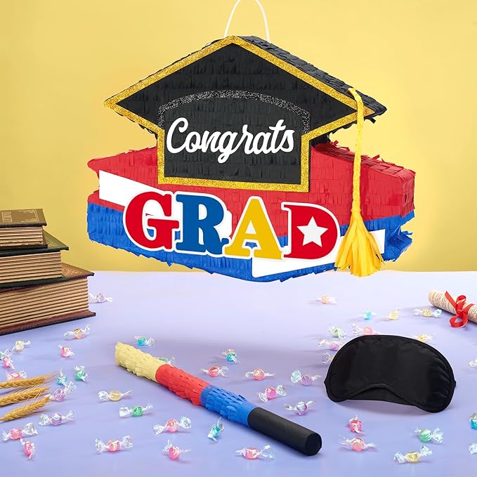 WERNNSAI Graduation Piñata - Graduation Party Game Supplies Graduation Cap Piñata with Blindfold and Bat for Kids Boys Girls Kindergarten Elementary College Party Decoration (12.5" x 16.5" x 3")