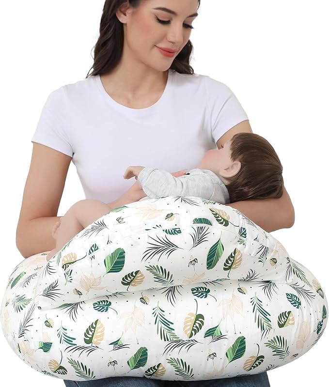 Nursing Pillow for Breastfeeding, Breastfeeding Essentials for Newborn, More Support for Mom and Baby, with Adjustable Waist Strap and Removable Cotton Cover (Green Leaves)