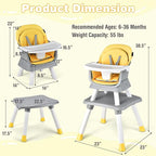 KOTEK Baby High Chair, 8 in 1 Convertible Highchairs for Babies and Toddlers, Building Block Table, Booster Seat, Toddler Chair with Removable Tray, Safety Harness, Dual Cushions (Yellow)